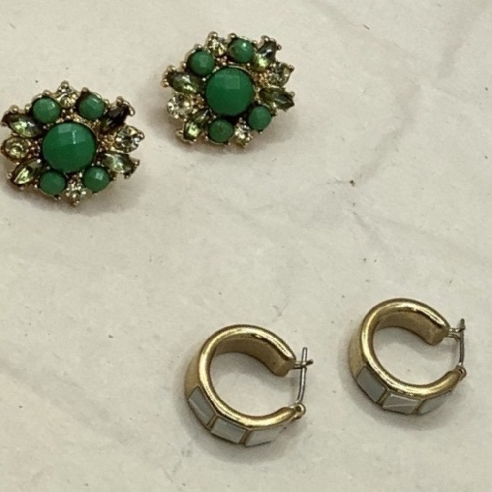 Vintage Gold Tone Green Rhinestone Floral Studs and White Inlay Hoop Earring Set